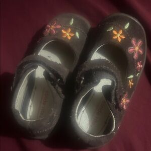 Stride Rite Dark Brown Kids Shoes with Floral Embroidery